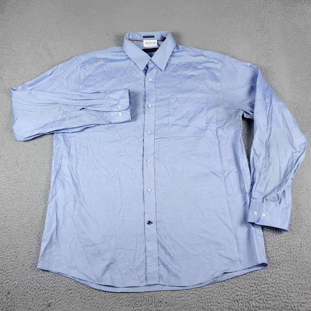Tommy Hilfiger Mens 17.5 Blue Dress Button Up Long Sleeve Shirt Regular Fit